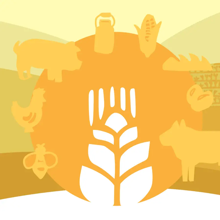 Illustration eines Ährensymbols, umgeben von landwirtschaftlichen Produkten und Nutztieren